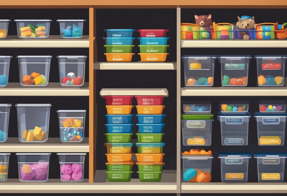 Toys neatly organized in labeled bins on shelves, with a clear storage system for easy access and efficient space utilization