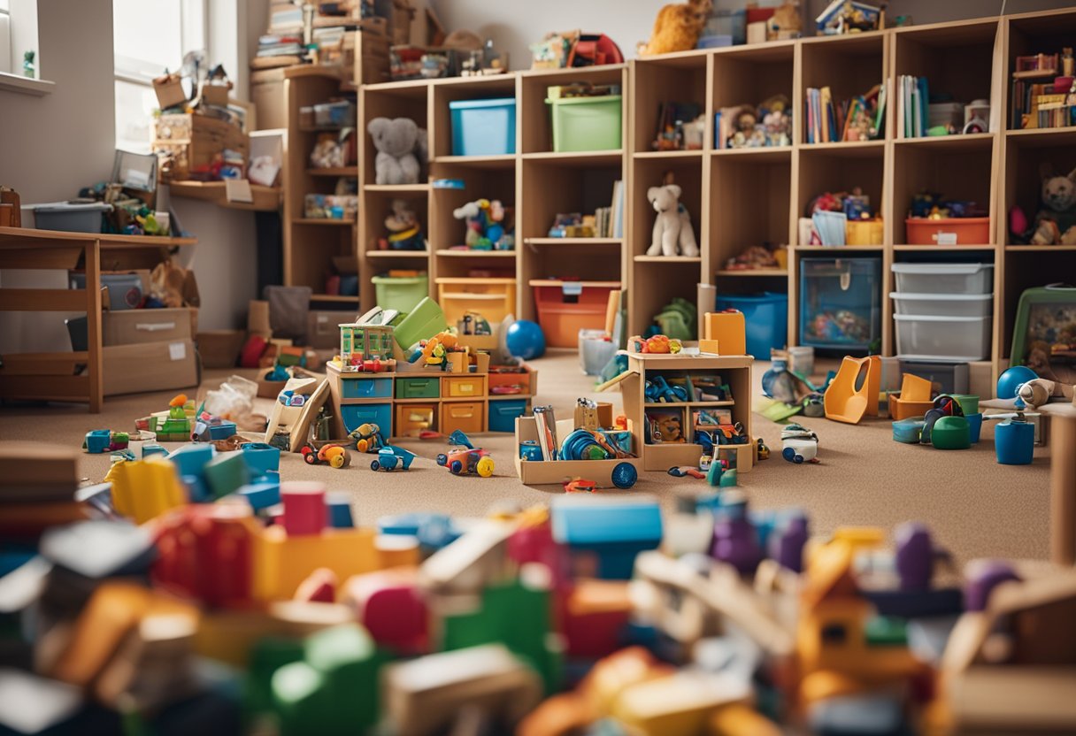 A cluttered playroom with toys scattered on the floor, shelves overflowing with books and bins of toys. Labels and storage containers offer organization solutions