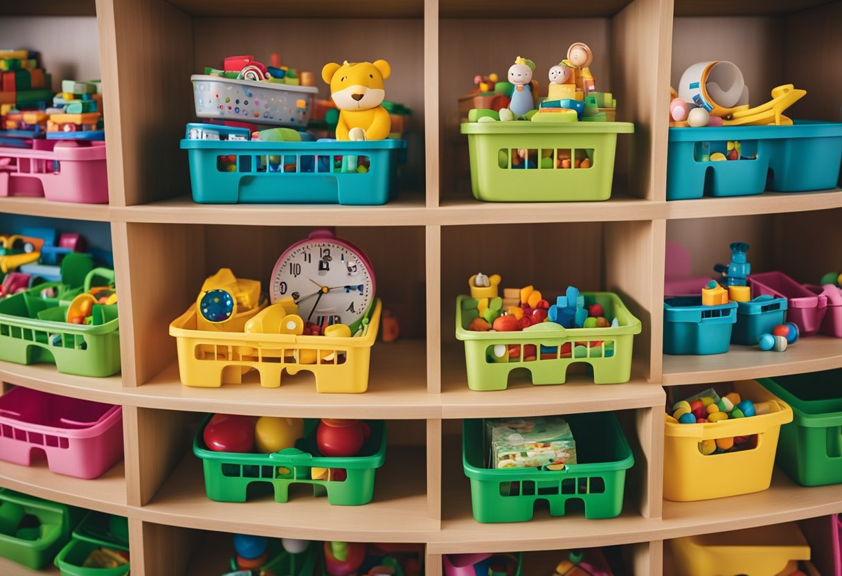 To illustrate "Dicas para Armazenar Brinquedos de Forma Prática," depict organized toy storage bins and shelves in a child's playroom