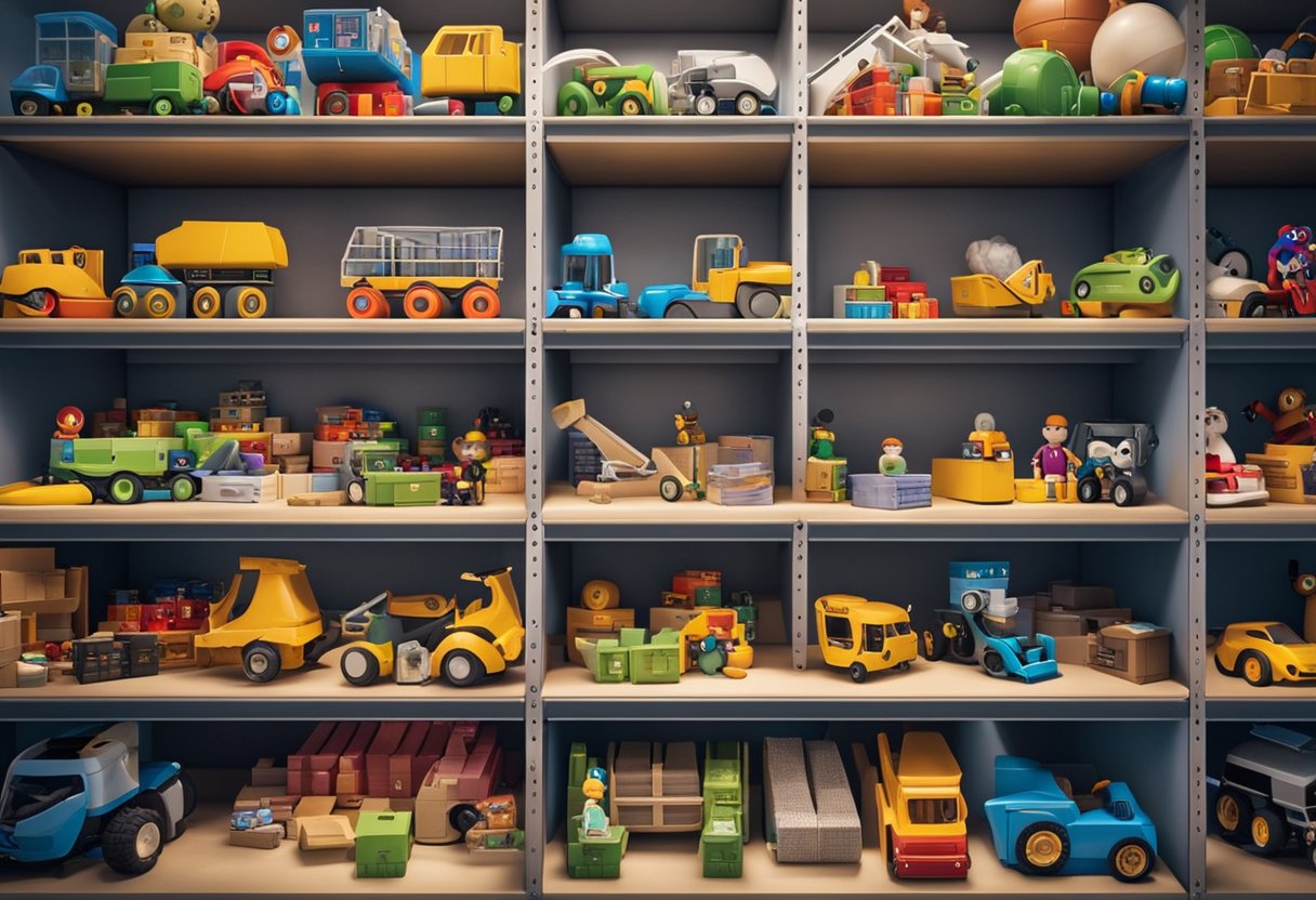 Toys neatly organized in labeled bins on shelves, with a child-friendly design. A parent easily accessing and storing toys in a practical and convenient way