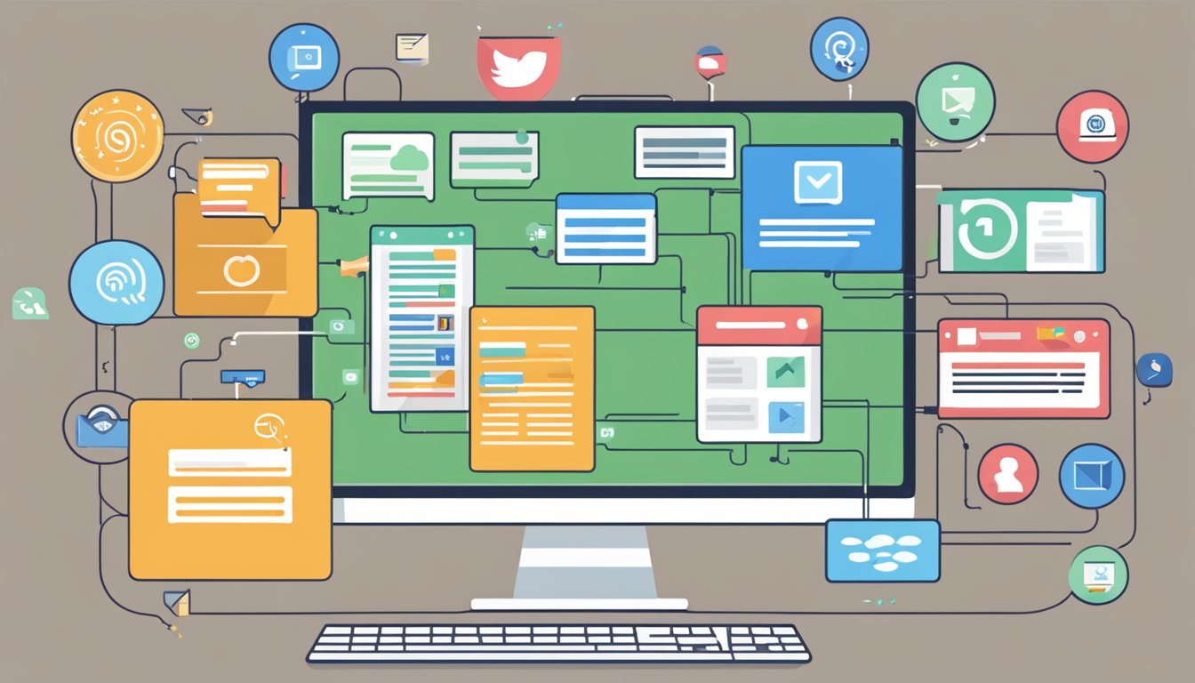 A computer screen showing a flowchart of lead generation strategies with icons representing email marketing, social media, content creation, and SEO