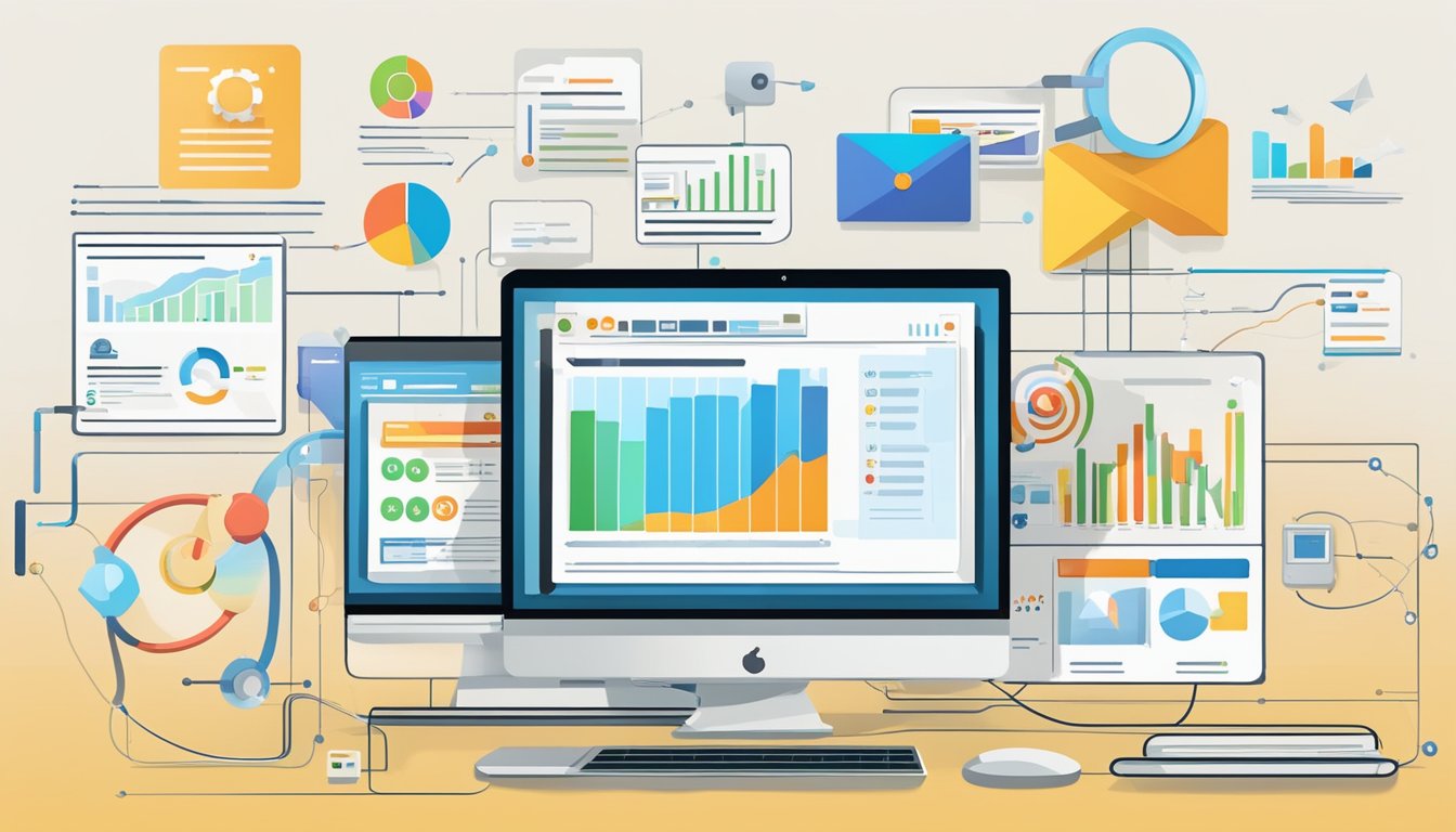 A computer screen displaying various lead generation channels, such as social media, email marketing, and content marketing. Graphs and charts show data on lead conversion rates