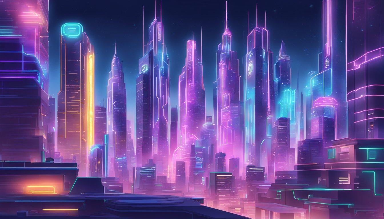 A futuristic city skyline with neon signs and holographic displays, showcasing the cutting-edge digital marketing innovations of the company