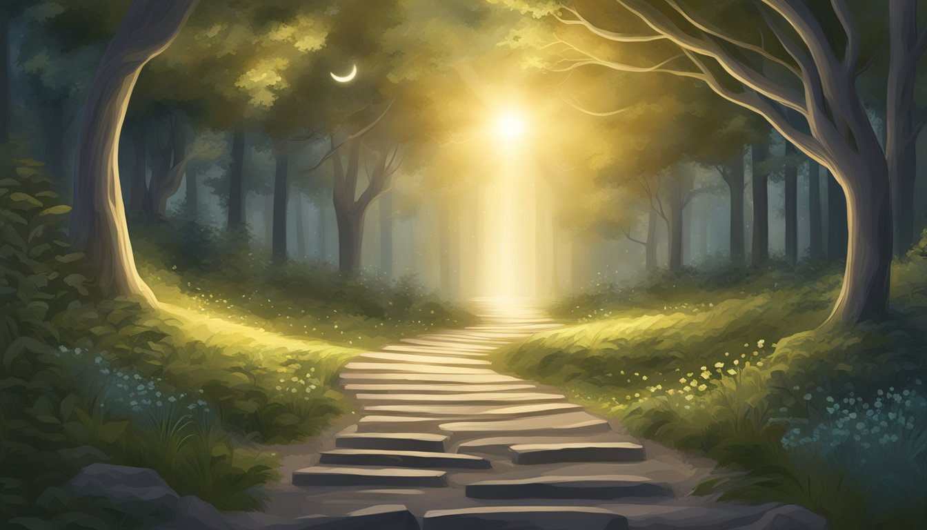 A bright light shines on a winding path, leading to a glowing sign that reads "Optimalisering og Forbedring."