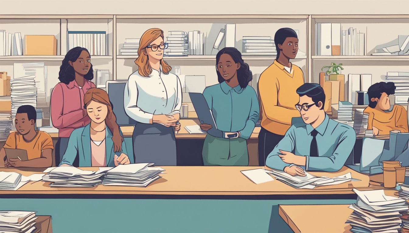 A line of people waits at a desk with a sign reading "Frequently Asked Questions." The person behind the desk gestures to a stack of pamphlets