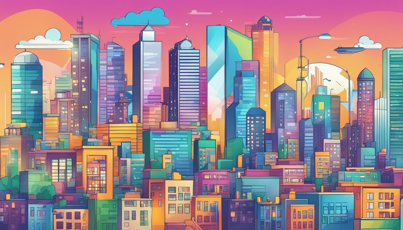 A vibrant city skyline with various buildings and billboards, showcasing the dynamic nature of marketing management
