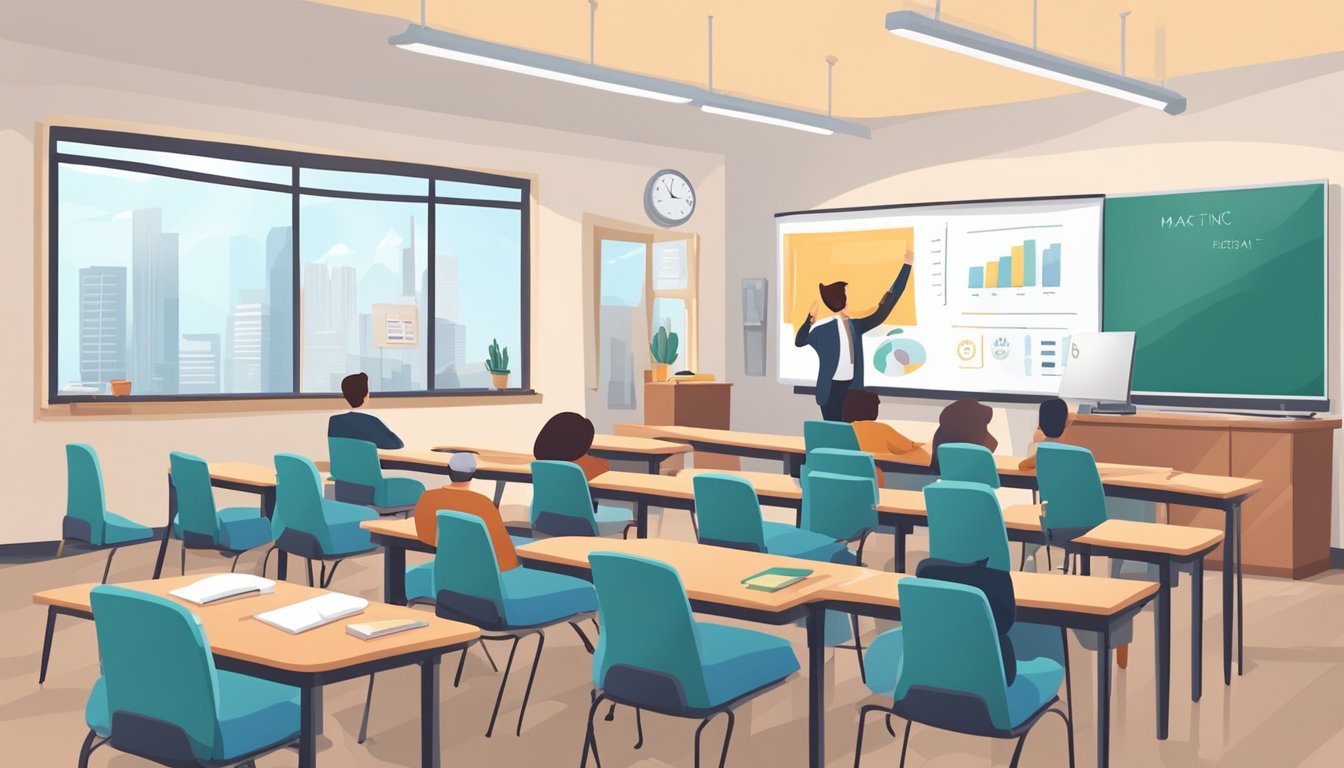 A classroom with a whiteboard, desks, and chairs. A professor lectures on marketing management theory. Books and educational materials are scattered around the room