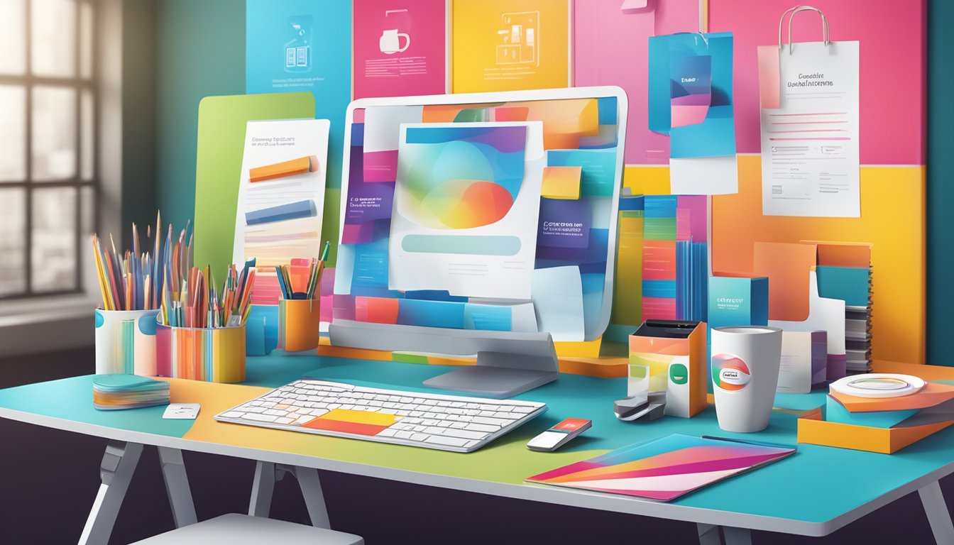A colorful display of marketing materials and promotional products arranged neatly on a table, with a vibrant backdrop and professional signage