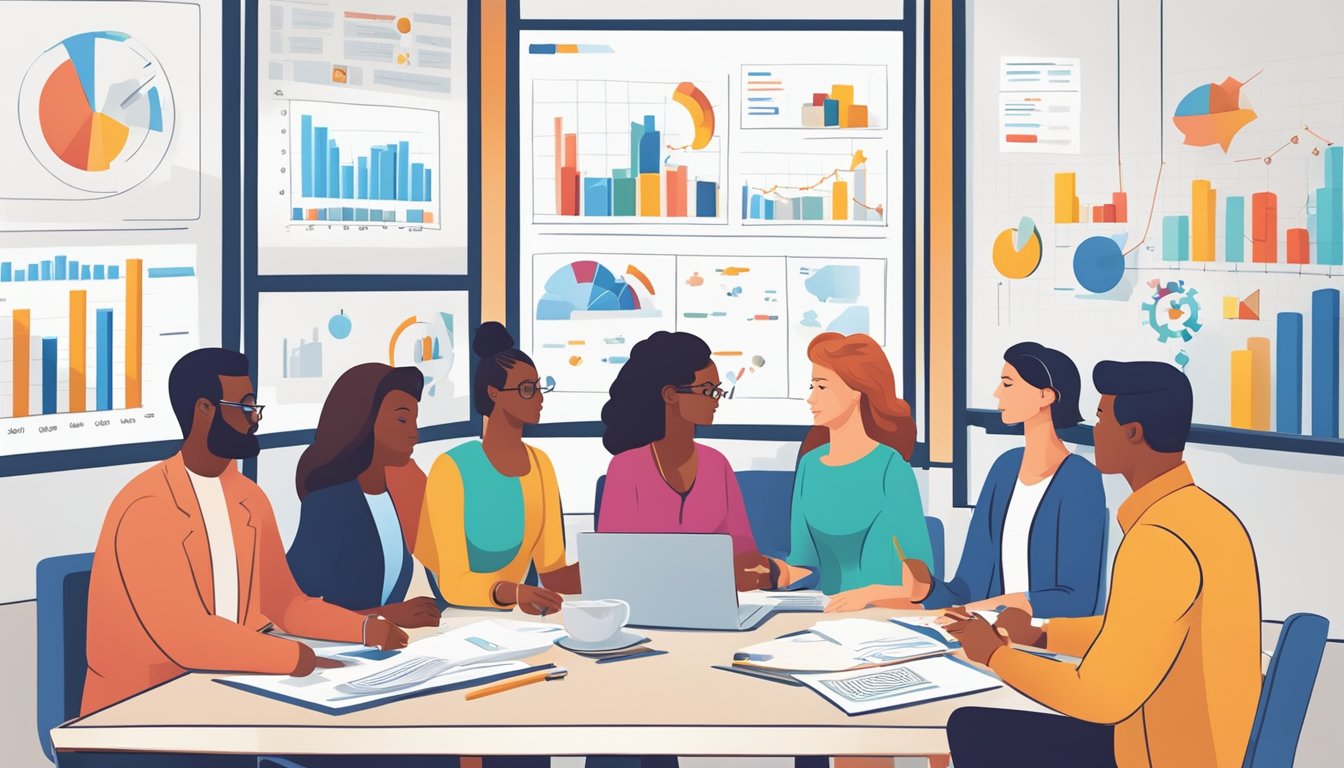 A group of diverse individuals collaborate around a table, brainstorming and strategizing marketing initiatives. Charts and graphs adorn the walls, symbolizing data-driven decision making in marketing leadership