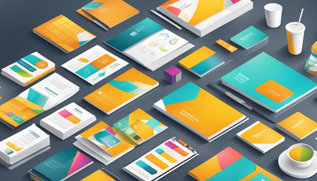 A table with various product and service marketing materials, including brochures, flyers, and digital displays. Bright colors and modern design