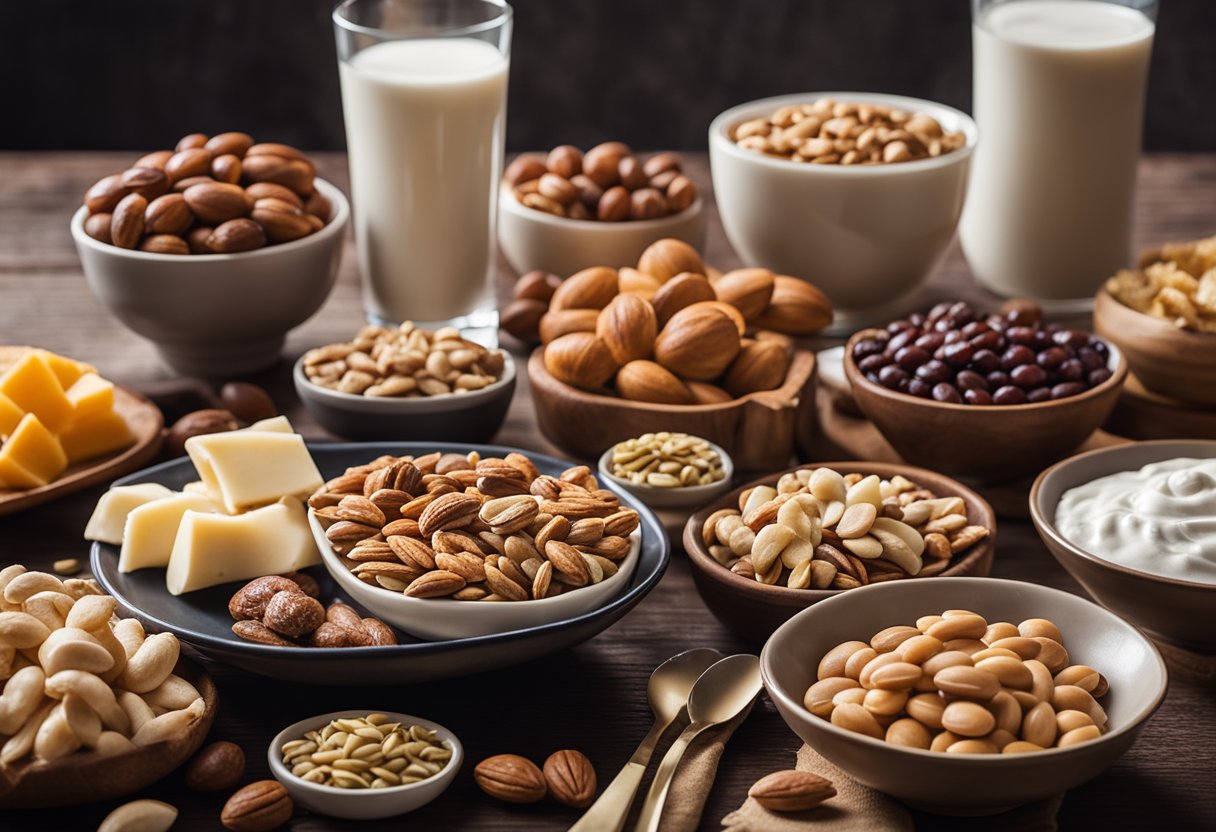 A table with a variety of healthy snacks rich in proteins, such as nuts, seeds, yogurt, and protein bars, displayed in an appealing manner