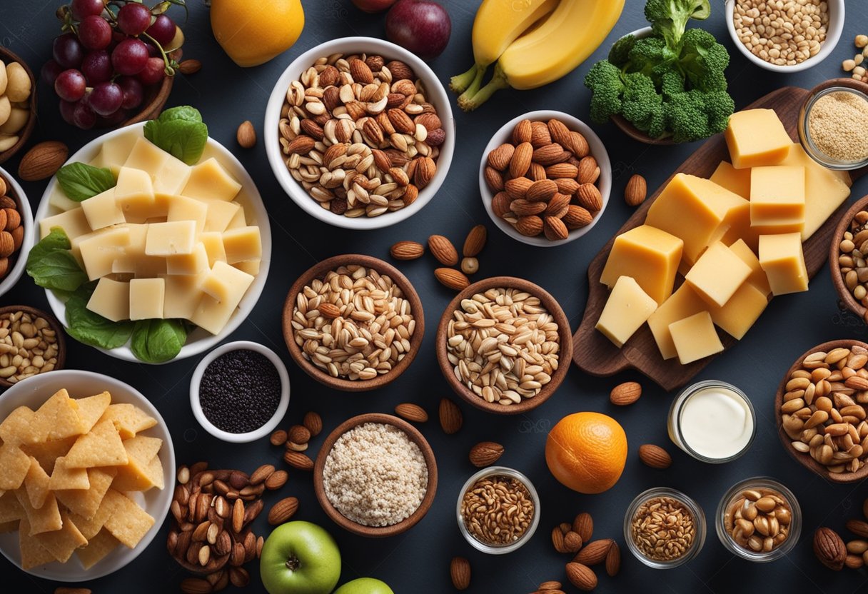 A table with a variety of protein-rich snacks: nuts, seeds, yogurt, cheese, and lean meats. Fruits and vegetables also present. Bright, inviting colors