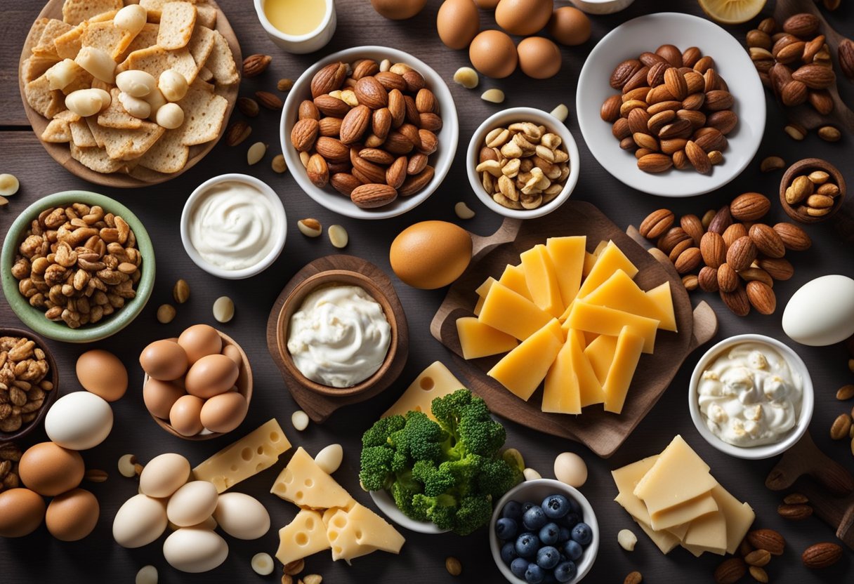 A table with a variety of protein-rich snacks: nuts, Greek yogurt, hard-boiled eggs, cheese, and turkey slices. Fruits and vegetables are also displayed, creating a colorful and appetizing scene