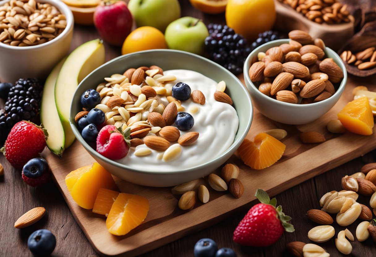 A variety of healthy snacks like nuts, seeds, and yogurt displayed on a wooden cutting board with colorful fruits in the background