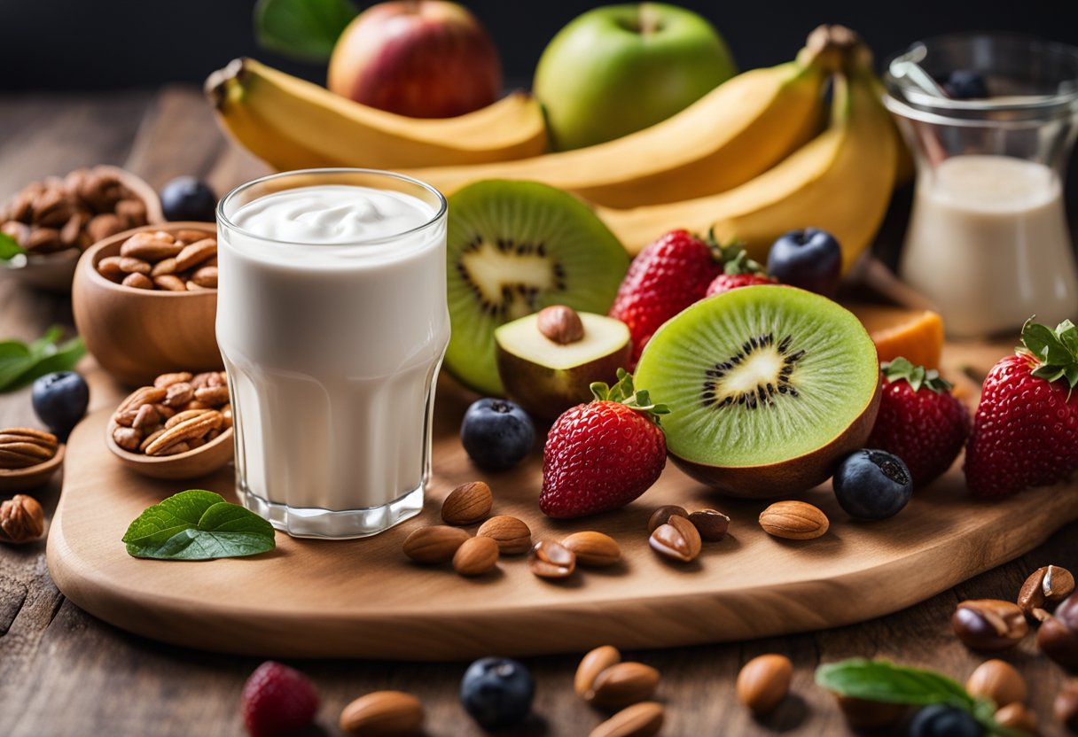 A colorful array of fresh fruits, nuts, and yogurt arranged on a wooden cutting board, with a glass of protein shake next to it