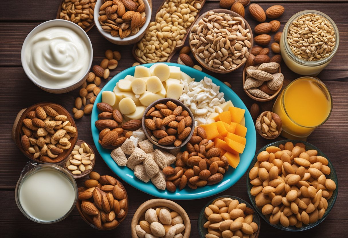 A colorful array of protein-rich snacks, such as nuts, seeds, and yogurt, arranged on a vibrant platter with a "Frequently Asked Questions" banner