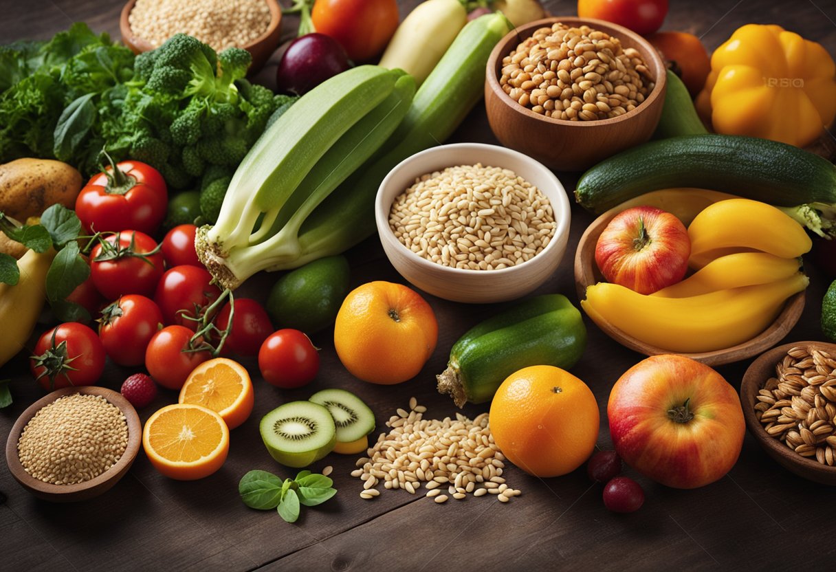 A table filled with fresh fruits, vegetables, and grains. A colorful array of ingredients for vegetarian recipes