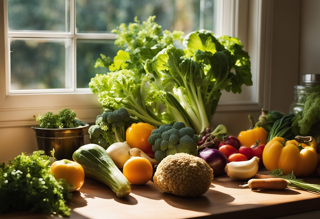 A vibrant kitchen counter filled with fresh vegetables, fruits, and herbs, surrounded by cookbooks and utensils. Sunlight streams in through a window, casting a warm glow on the scene