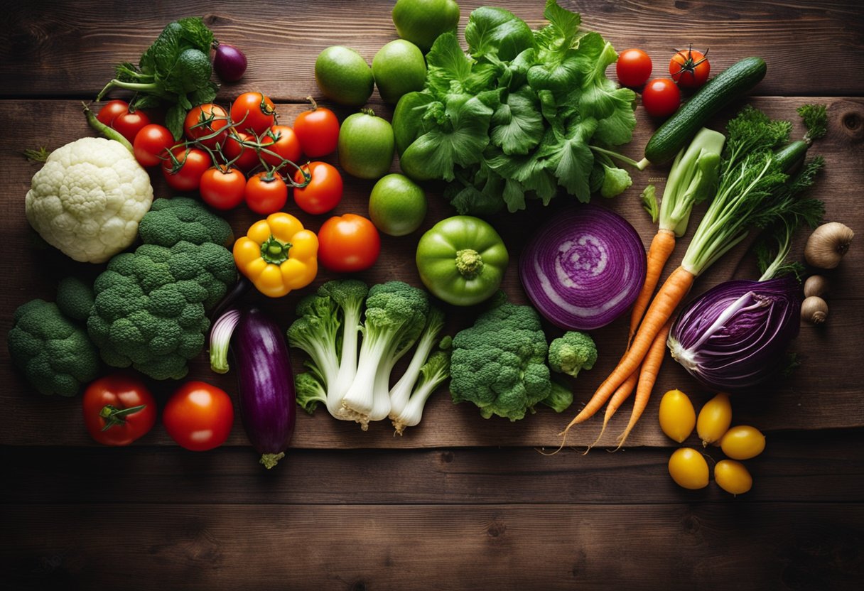 A colorful array of fresh vegetables and natural ingredients arranged on a rustic wooden table