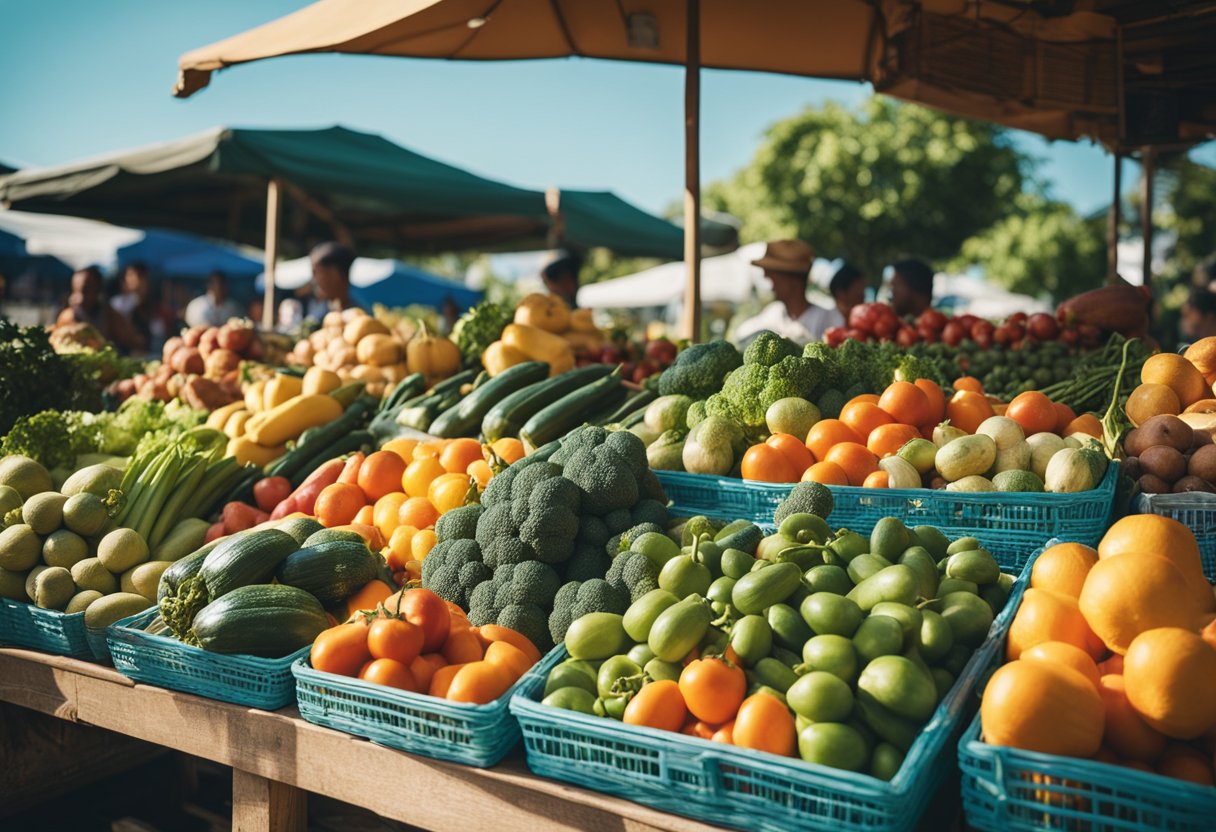 A colorful market stall with fresh vegetables and fruits, surrounded by lush greenery and a clear blue sky