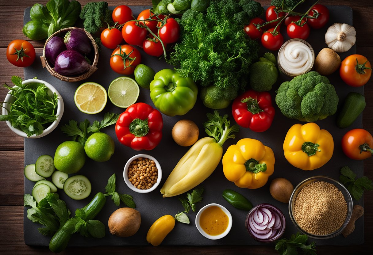 A table with fresh vegetables, fruits, and herbs. A cookbook titled "Receitas Vegetariana com Ingredientes Frescos e Naturais" open to the FAQ section