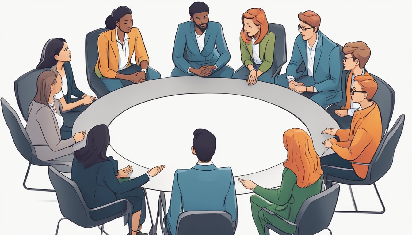 A group of people gathered in a circle, engaged in a lively starte as discussion, gesturing and making eye contact