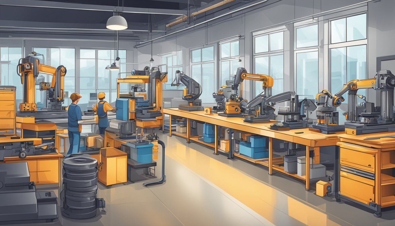 A bustling workshop with machines and tools in motion. Creative designs and prototypes being developed by skilled workers