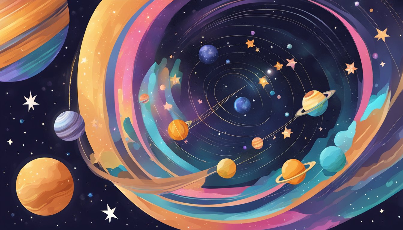 A globe spinning in space, surrounded by stars and planets