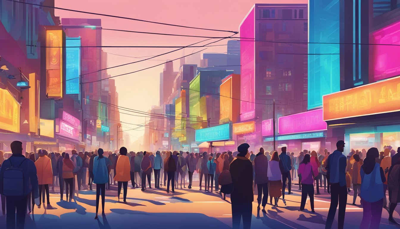 A vibrant city street with colorful billboards and neon signs, bustling with people and traffic. A crowd gathers around a street performer, while a sleek, modern building looms in the background