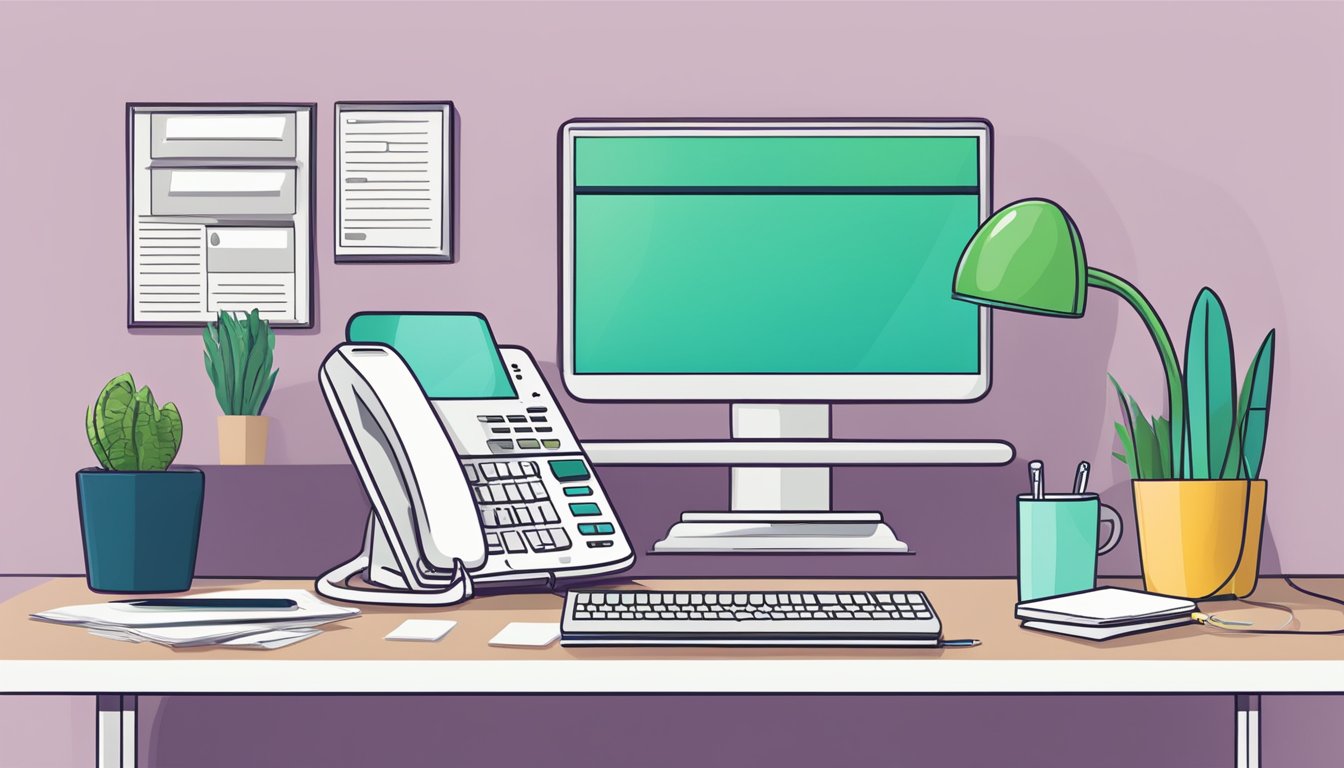 A customer service desk with a computer, phone, and paperwork. A sign reads "Salg og Kundeoppfølging starte as" on the wall