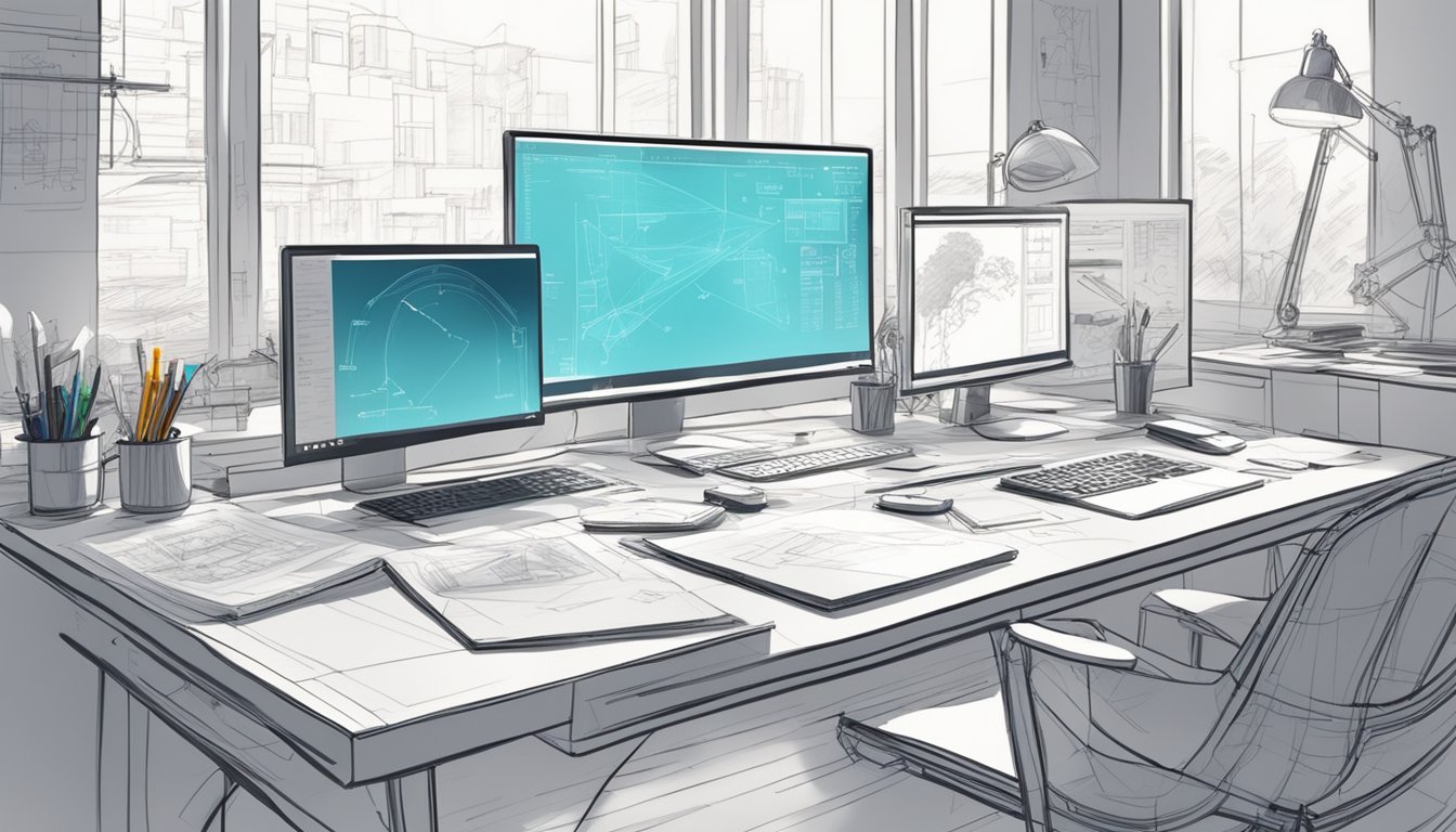 A table covered in sketches, prototypes, and tools. A computer displaying design software. Bright light illuminates the workspace