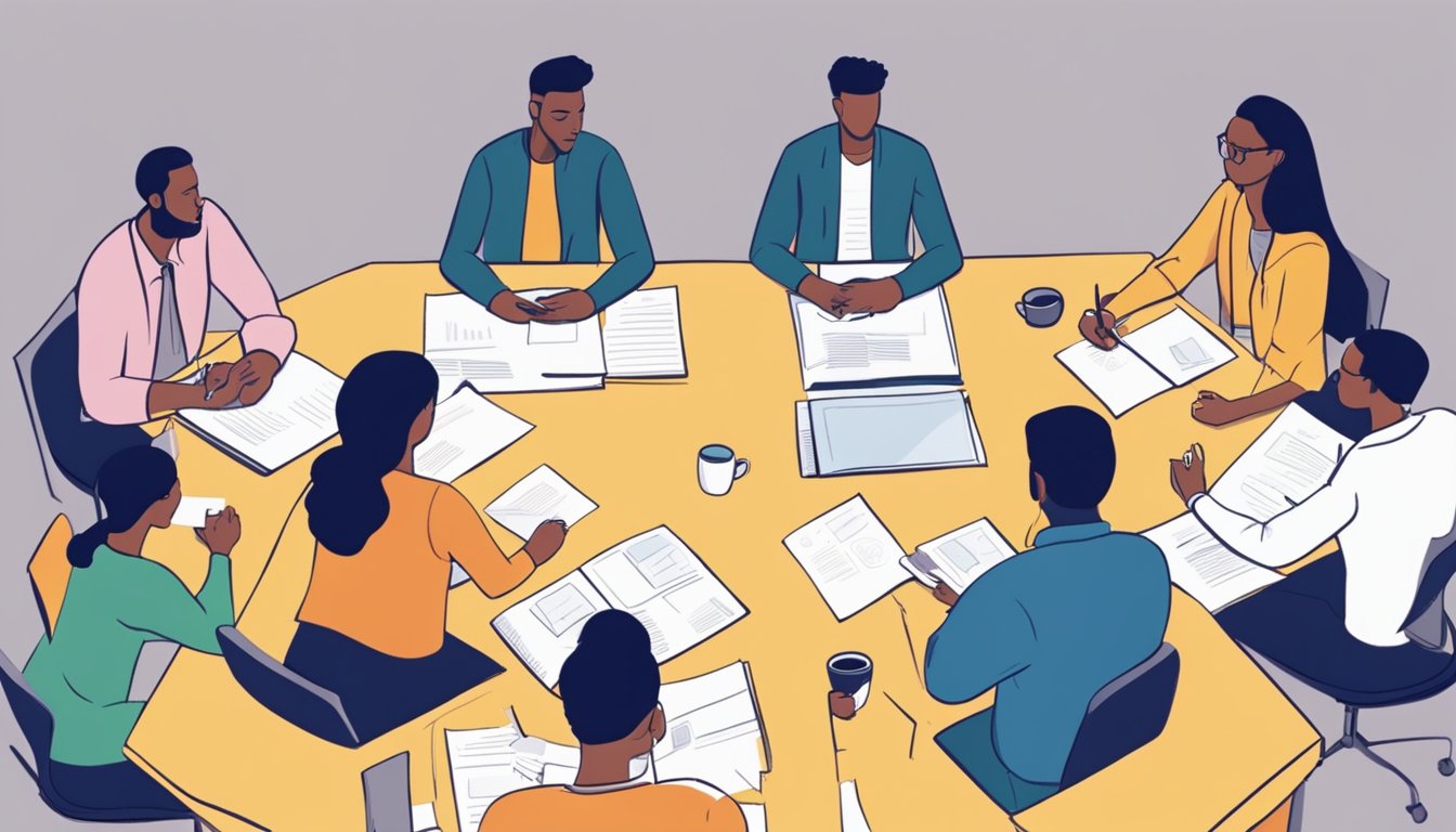 A group of people gather around a table, discussing and brainstorming ideas for social entrepreneurship. Papers and pens are scattered across the table