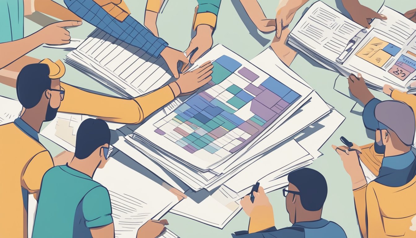 A stack of paper with "Frequently Asked Questions" printed on top, surrounded by a group of people pointing and discussing