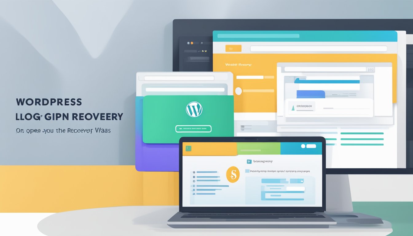 A computer screen displays a WordPress login page with a backup and recovery strategy tab open