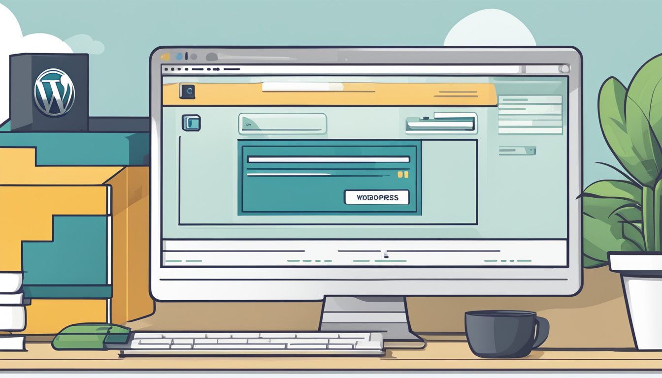 A computer screen displaying a WordPress login page with a cursor hovering over the username and password input fields. An open maintenance manual sits nearby