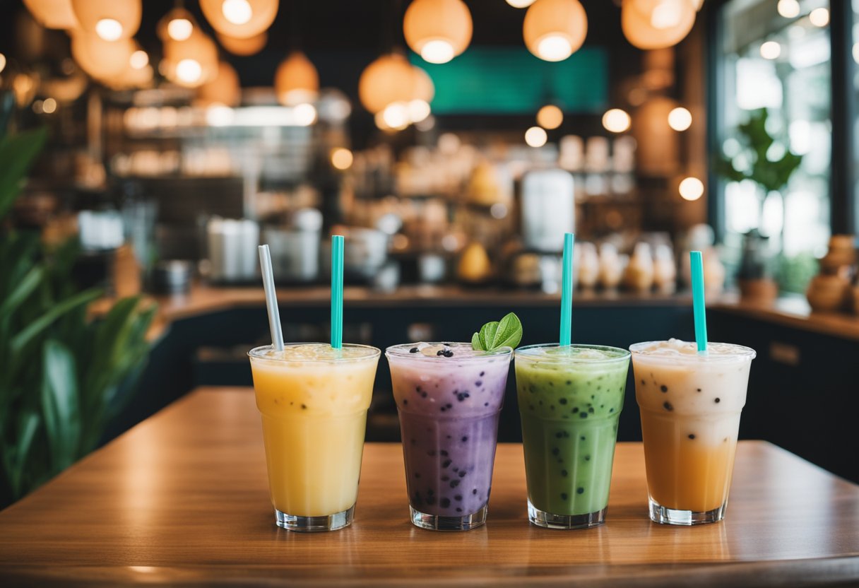 A vibrant boba tea shop in Tampa, with colorful and inviting decor. A variety of fresh, healthy ingredients on display. Customers enjoying their drinks in a cozy, welcoming atmosphere