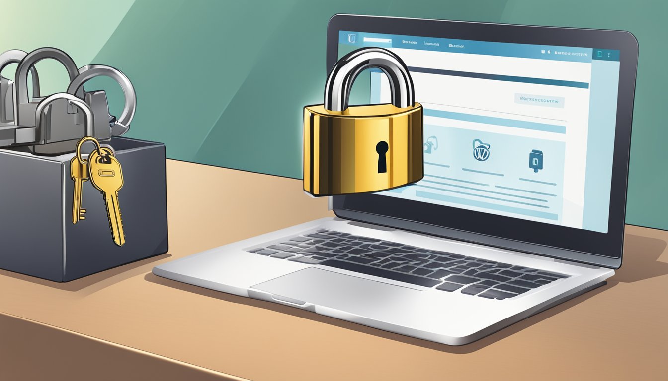 A lock and key hovering in front of a computer screen with a WordPress login page, symbolizing preventing unauthorized access