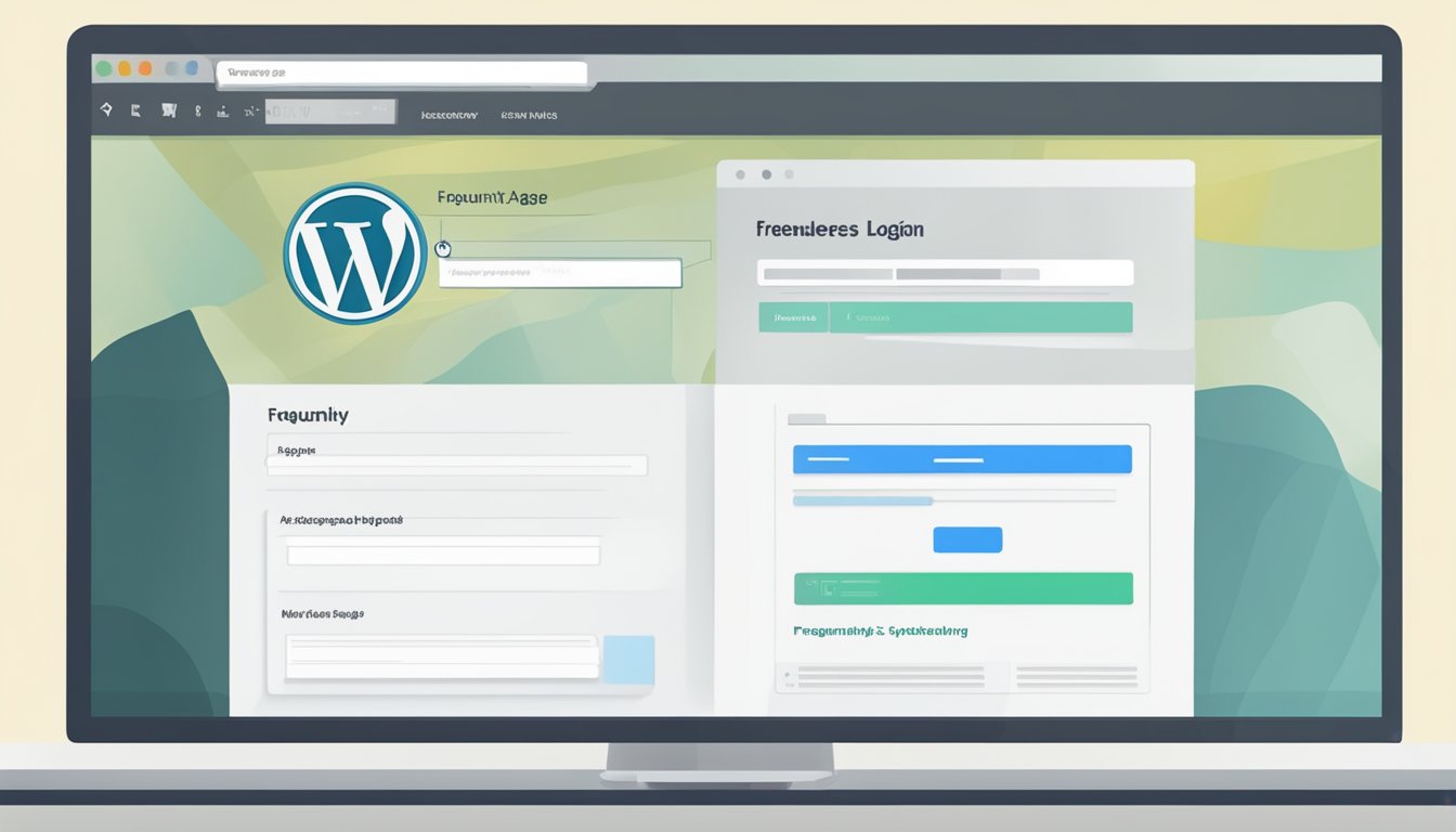 A computer screen displaying a WordPress login page with the "Frequently Asked Questions" section highlighted