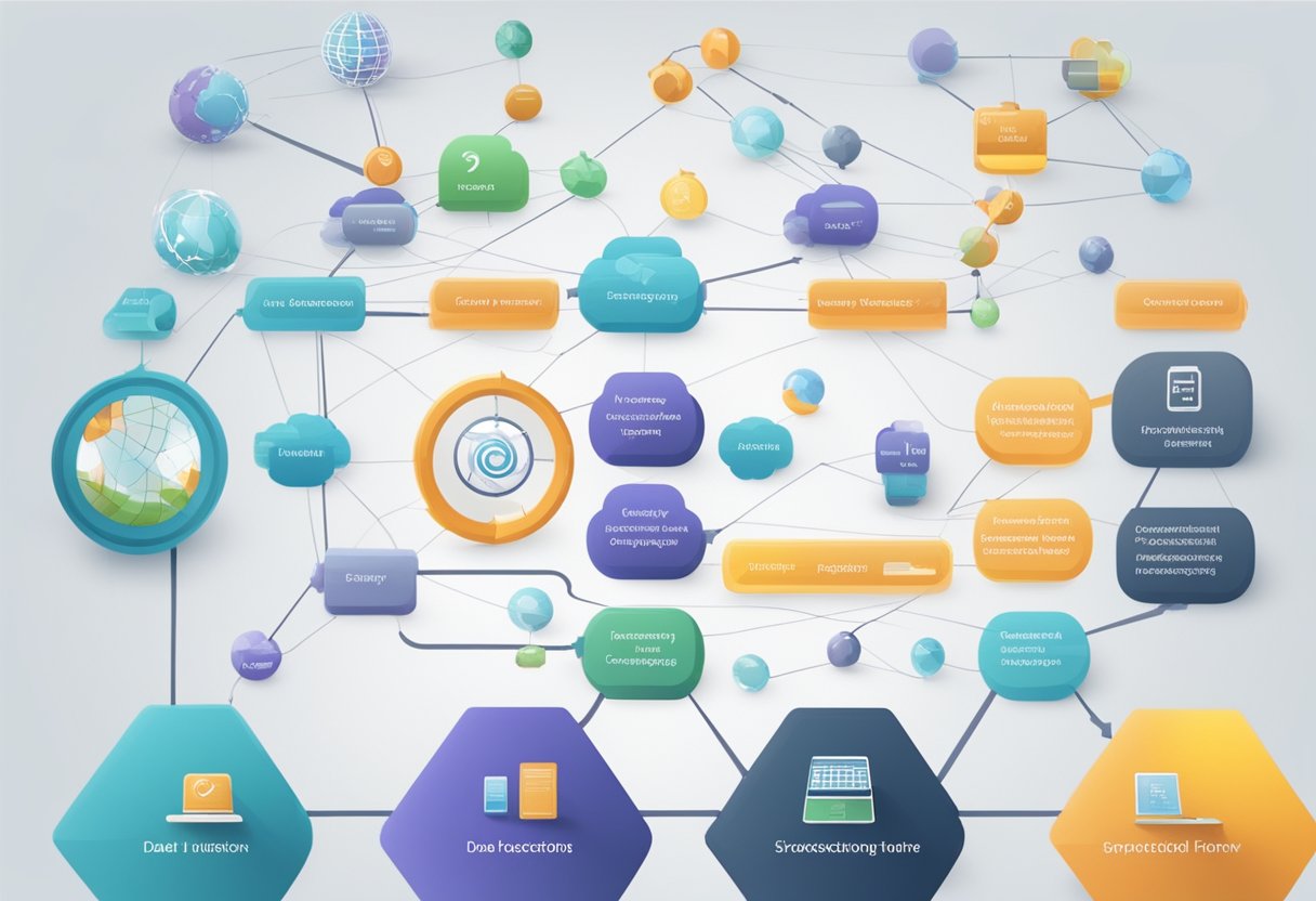 Various applications of OSS process, such as software development, data analysis, and system integration, depicted through interconnected technology nodes and data flow