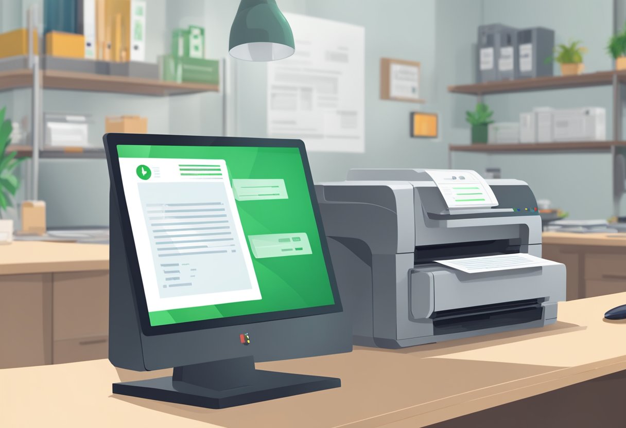 A computer screen displays a confirmation message with a green checkmark. A printer in the background is printing out an order receipt