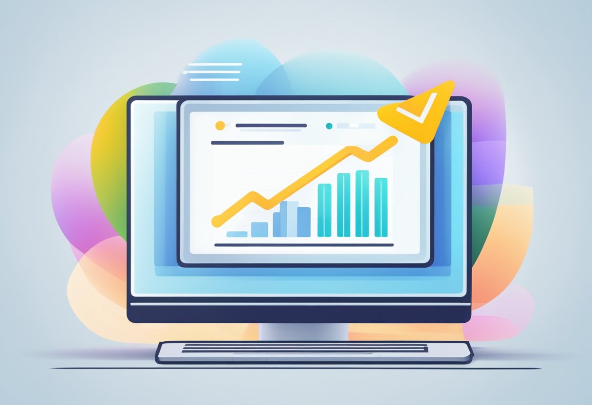 A computer screen displaying a confirmation message with a checkmark icon. A graph showing improvement trends in the background