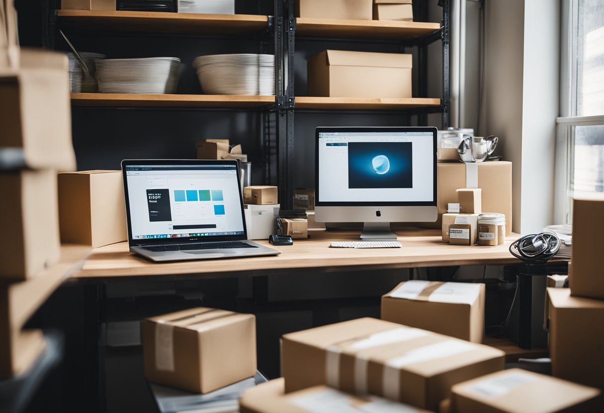 Uma mesa bagunçada com laptop, bloco de notas e caneta. Prateleiras cheias de caixas de produtos. Uma impressora de etiquetas de remessa e suprimentos de embalagem nas proximidades. Luz natural brilhante entrando por uma janela