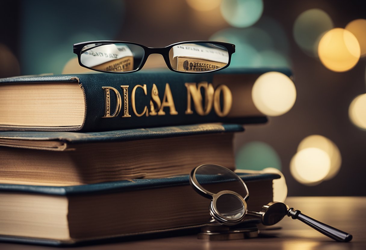 Uma pilha de livros rotulados "DICAS PARA CRESCER NO DROPSHIP" com uma lupa no topo