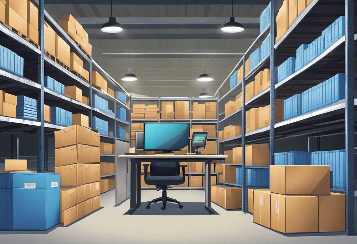 A warehouse with shelves filled with goods, a computer at a desk, and a person calculating storage costs on a calculator