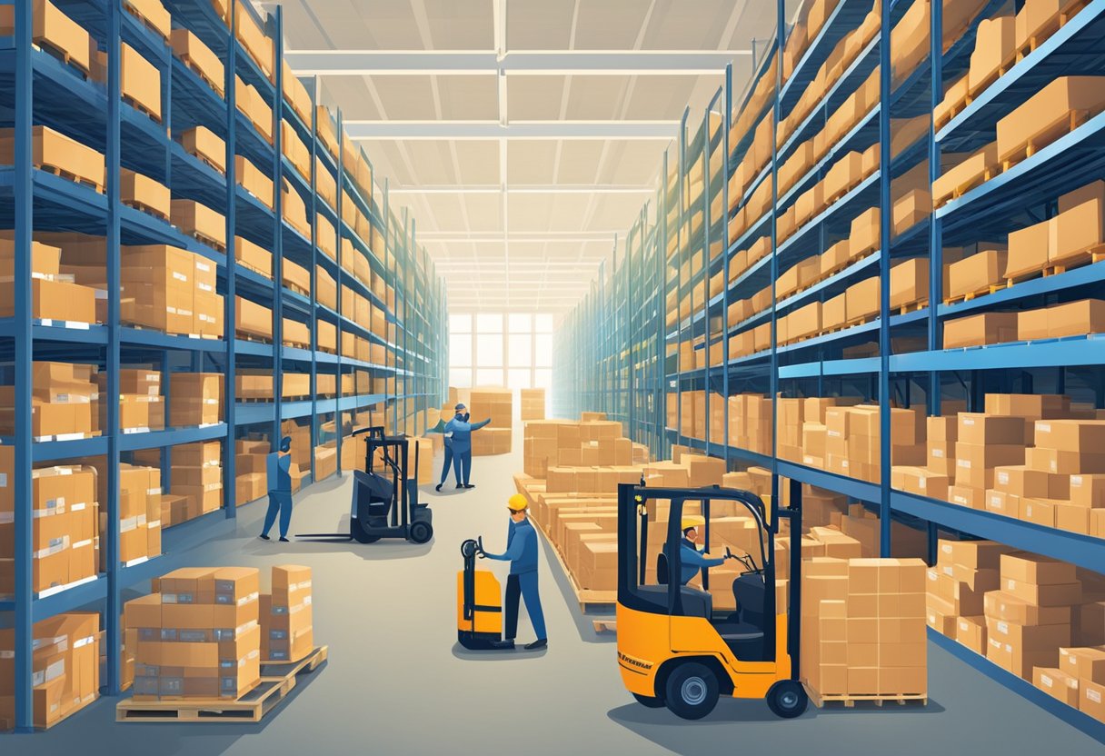 A warehouse with shelves stacked high with goods, a forklift moving pallets, and workers using inventory management software to calculate Lagerkosten