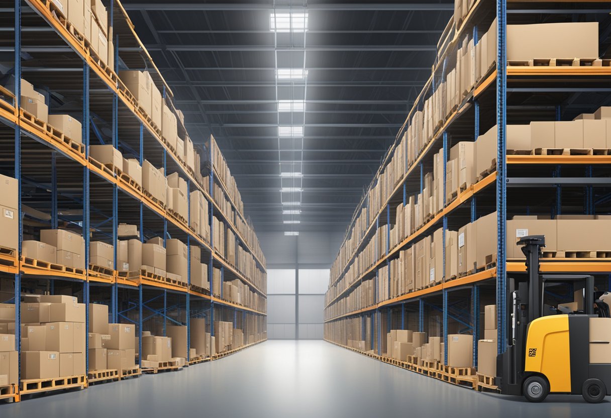 Various components such as storage shelves, inventory bins, forklifts, and barcode scanners are arranged in a warehouse setting, representing the calculation of Lagerkosten