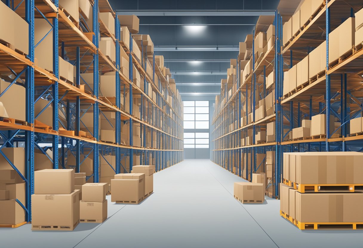 Various factors affecting lagerkosten, such as storage space, inventory turnover, and handling costs, can be depicted through stacked boxes, shelves, and warehouse equipment