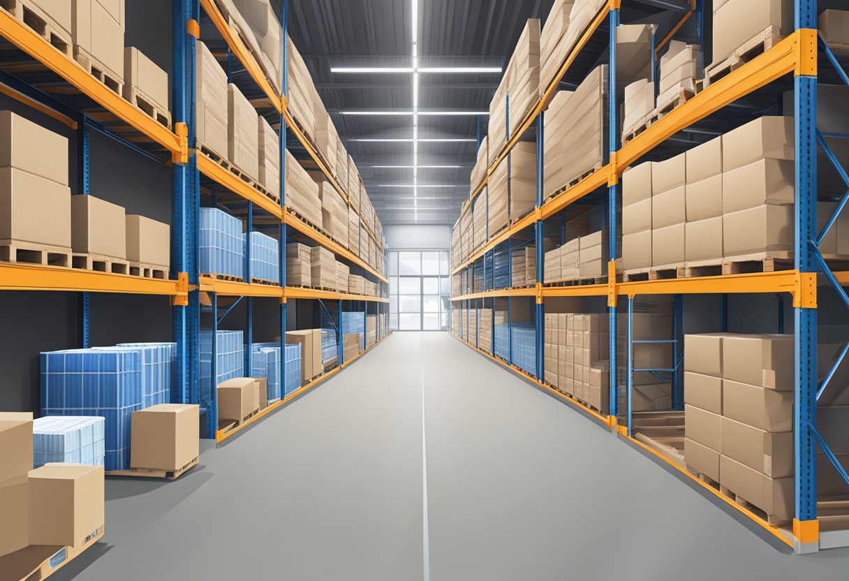 A warehouse with labeled shelves, organized inventory, and a computerized tracking system for lagerkosten reduction