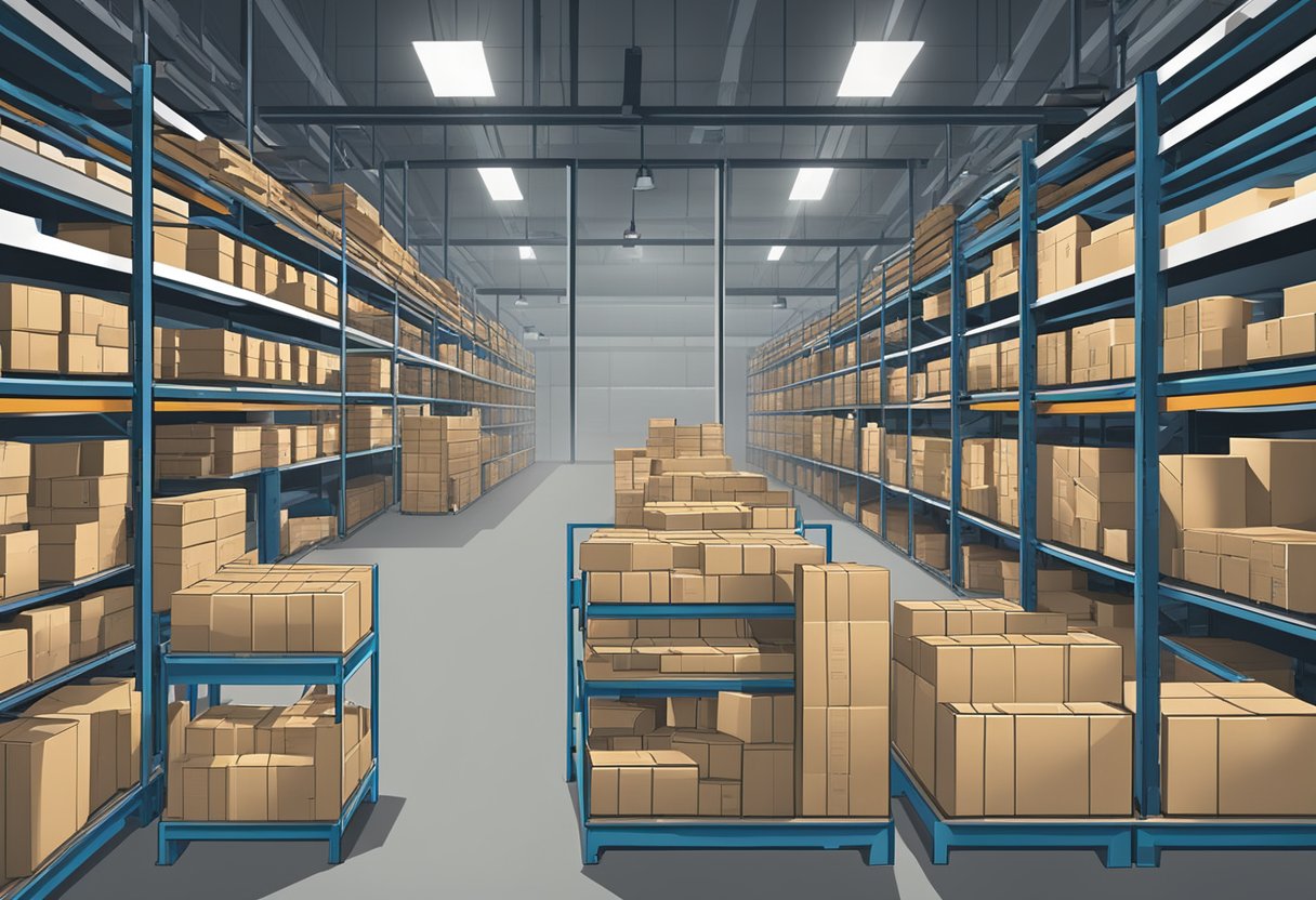 A warehouse filled with neatly stacked inventory, with barcode scanners and computer monitors at workstations for managing Lagerkosten