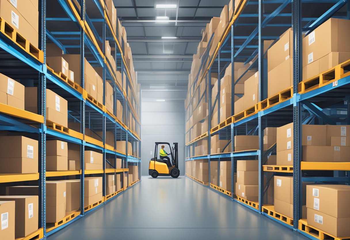 Warehouse shelves filled with stacked boxes, a computer monitor displaying inventory levels, and a forklift moving goods